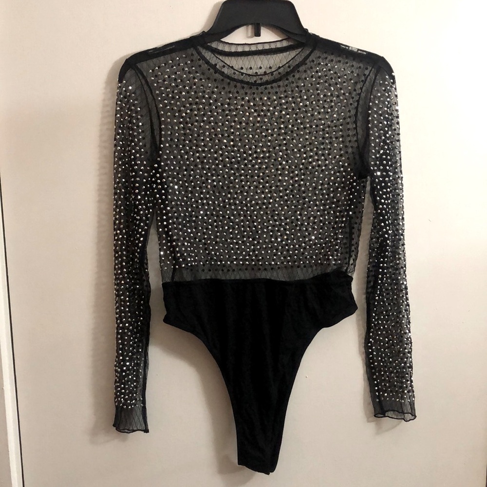 Black long sleeve sheer mesh bodysuit with silver rhinestones